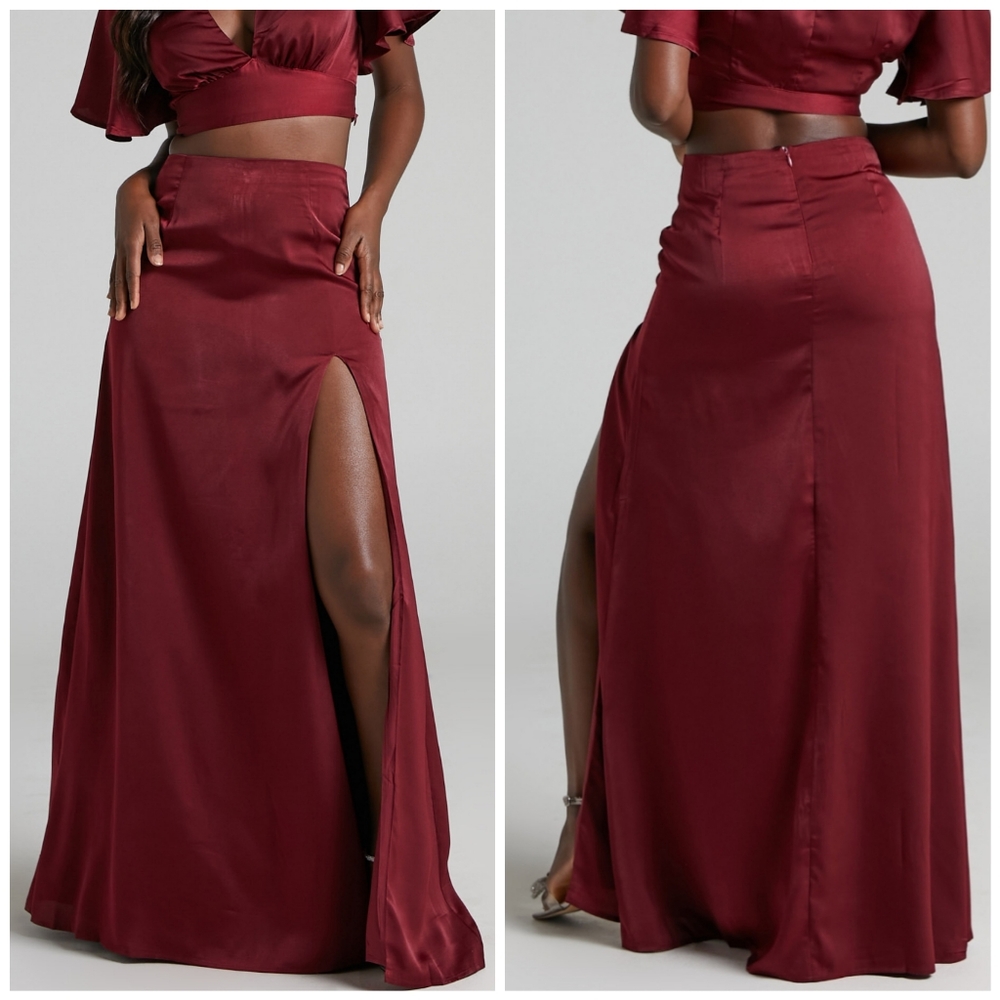 Showpo Kelcie Thigh Split Maxi Skirt in Wine Red NWT Size US 4 - Picture 3 of 9